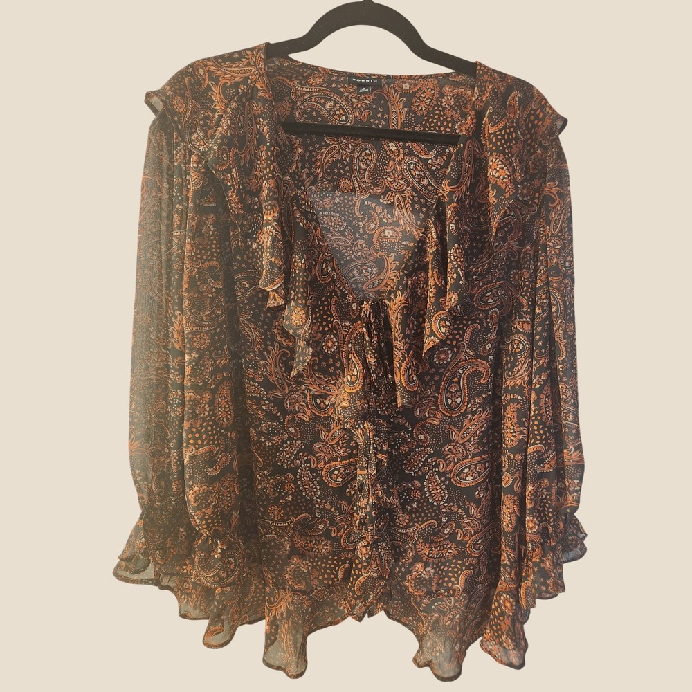 Torrid Dark Romance Paisley Ruffle Blouse Brown 2X Boho Cottagecore Western